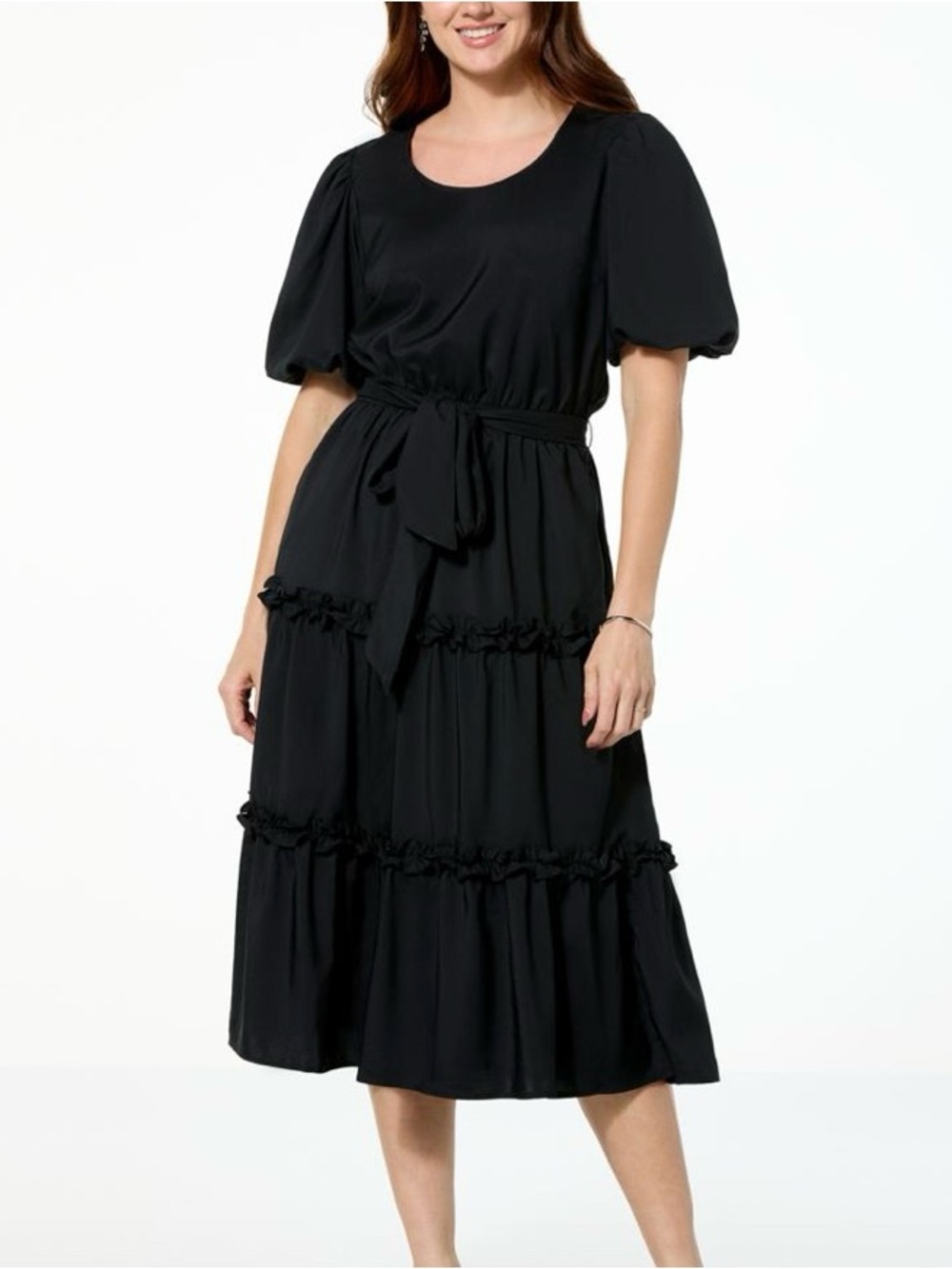Mark & James by Badgley Mischka Tiered Bubble Sleeve Dress Black L Petite  New